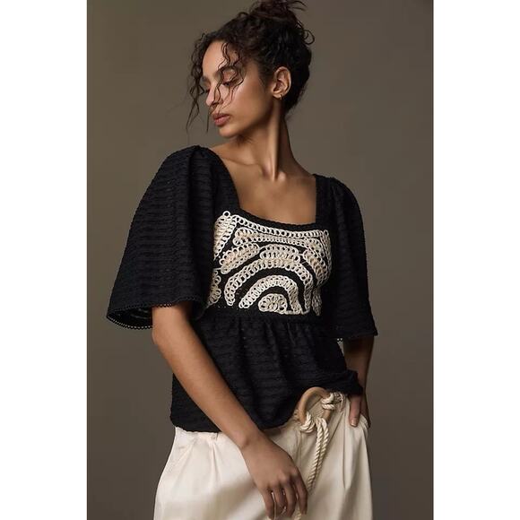Anthropologie Tops - Anthropologie Top Sarah Hann Size Medium Flutter Sleeve Crochet Lace Eyelet